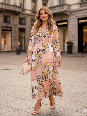 SETRE Elegant Blush Pink Floral-Scroll Maxi Dress with V-Neck